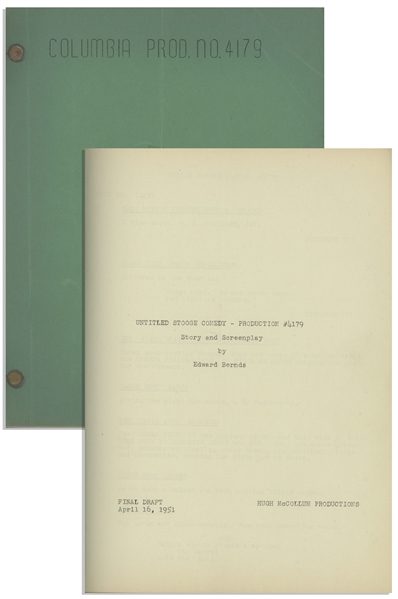 Moe Howards 20pp. Script Dated January 1951 for The Stooges Film Pest Man Wins -- With Moes Edit to 2 Extra Pages of Script Revisions, Also With 2pp. Call Sheets -- Very Good Plus Condition